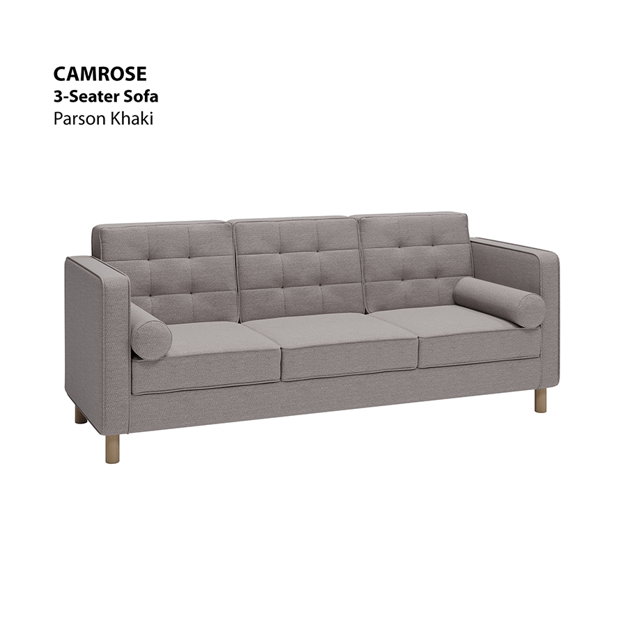 MORE CAMROSE OPTIONS Camrose 3 Seater Sofa Camrose 3 Seater Sofa Fabric Parson Khaki Mandaue Foam
