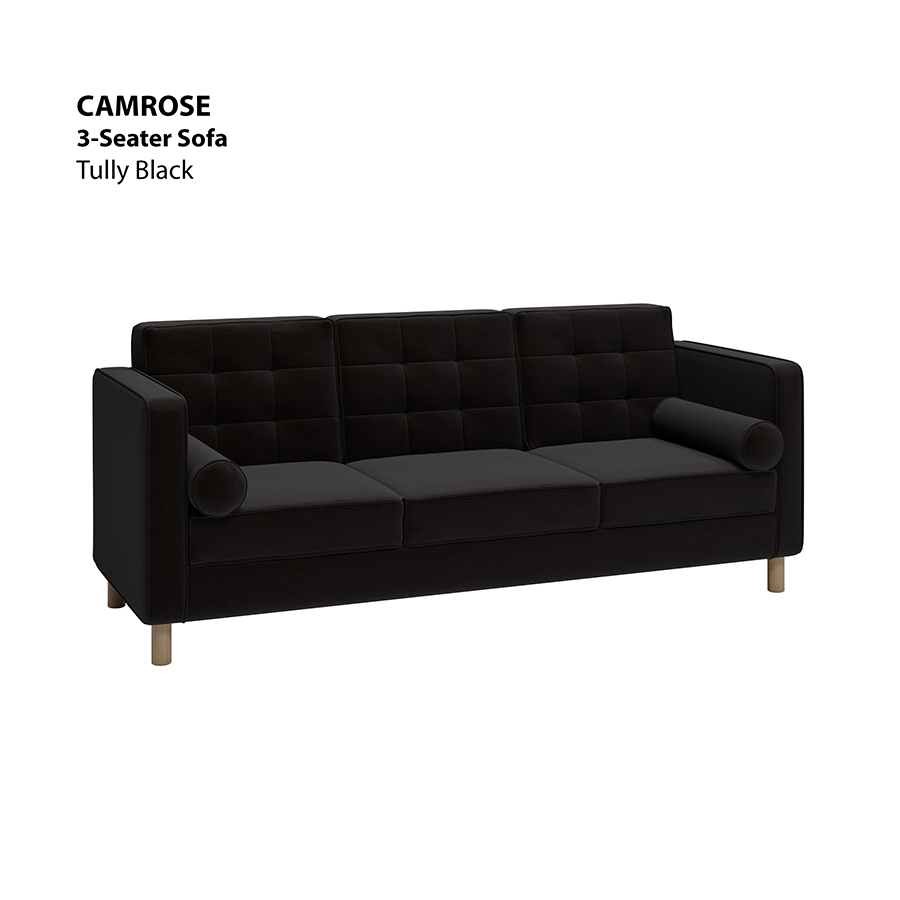 MORE CAMROSE OPTIONS Camrose 3 Seater Sofa Camrose 3 Seater Sofa Leatherette Tully Black Mandaue Foam