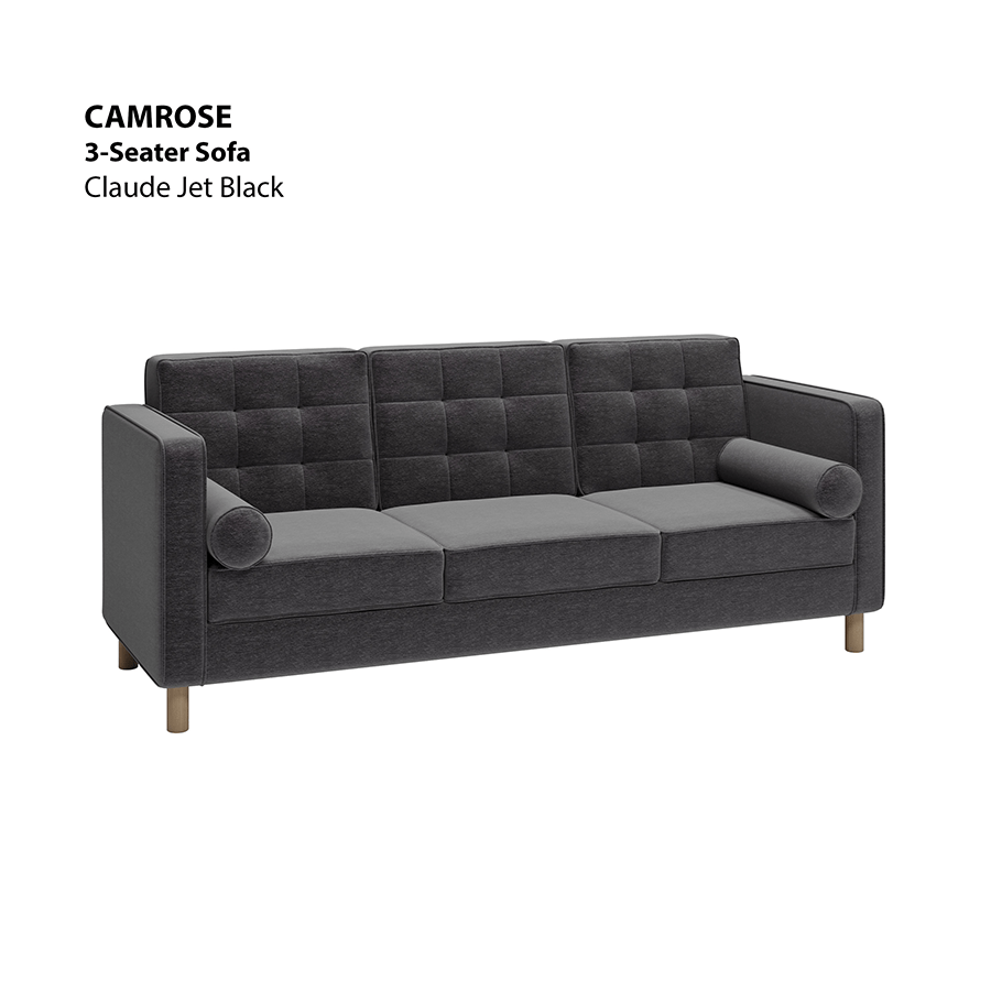 MORE CAMROSE OPTIONS Camrose 3 Seater Sofa Camrose 3 Seater Sofa Lux Claude Jet Black Mandaue Foam