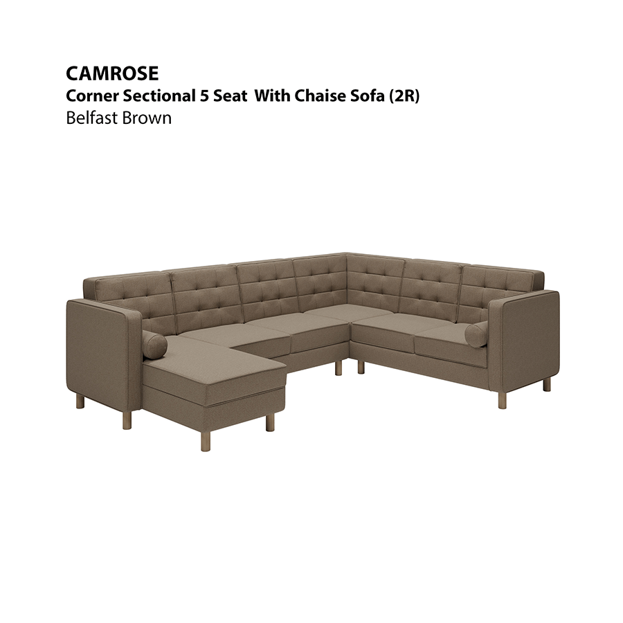MORE CAMROSE OPTIONS Camrose Corner Sectional 5 Seat with Chaise (2R) Sofa Camrose Corner Sectional 5 Seat with Chaise (2R) Sofa Fabric Belfast Brown Mandaue Foam