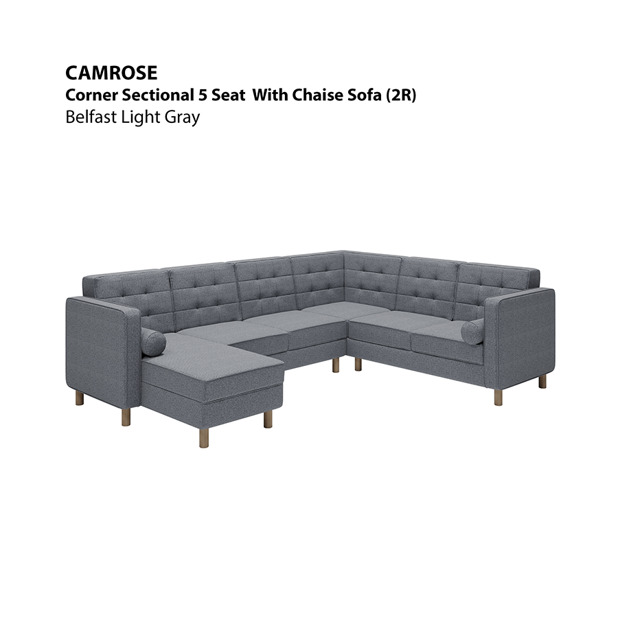 MORE CAMROSE OPTIONS Camrose Corner Sectional 5 Seat with Chaise (2R) Sofa Camrose Corner Sectional 5 Seat with Chaise (2R) Sofa Fabric Belfast Light Gray Mandaue Foam