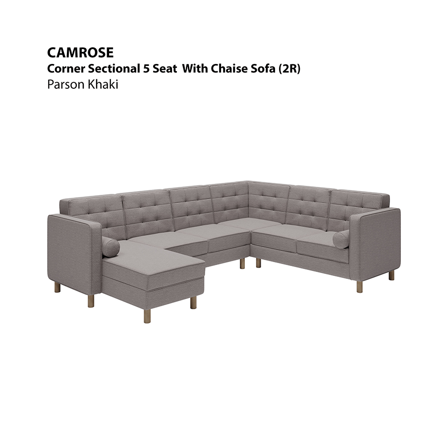MORE CAMROSE OPTIONS Camrose Corner Sectional 5 Seat with Chaise (2R) Sofa Camrose Corner Sectional 5 Seat with Chaise (2R) Sofa Fabric Parson Khaki Mandaue Foam