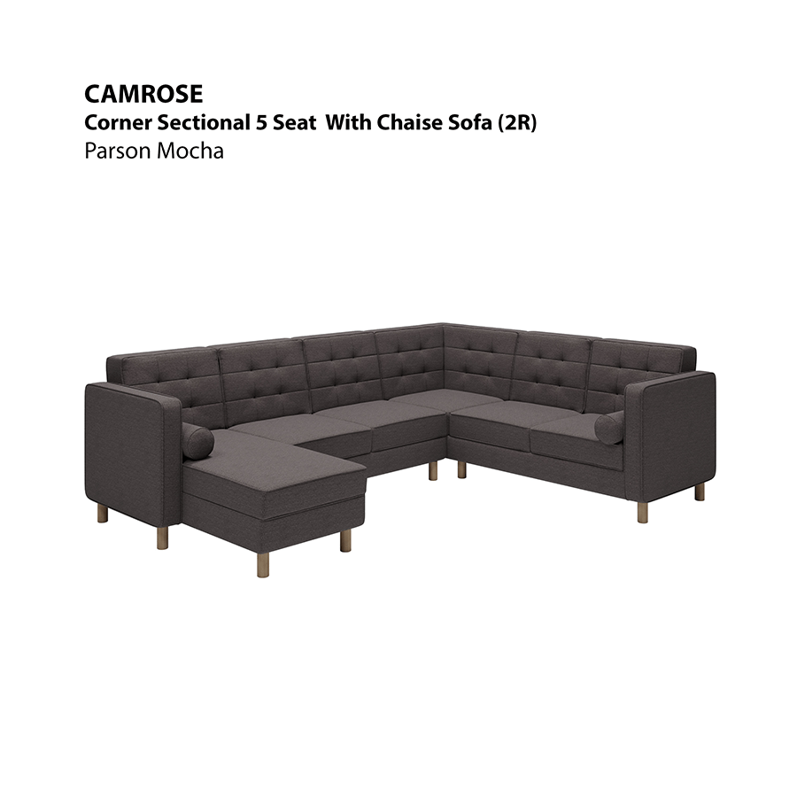 MORE CAMROSE OPTIONS Camrose Corner Sectional 5 Seat with Chaise (2R) Sofa Camrose Corner Sectional 5 Seat with Chaise (2R) Sofa Fabric Parson Mocha Mandaue Foam