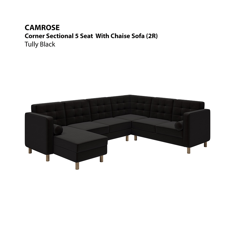 MORE CAMROSE OPTIONS Camrose Corner Sectional 5 Seat with Chaise (2R) Sofa Camrose Corner Sectional 5 Seat with Chaise (2R) Sofa Leatherette Tully Black Mandaue Foam