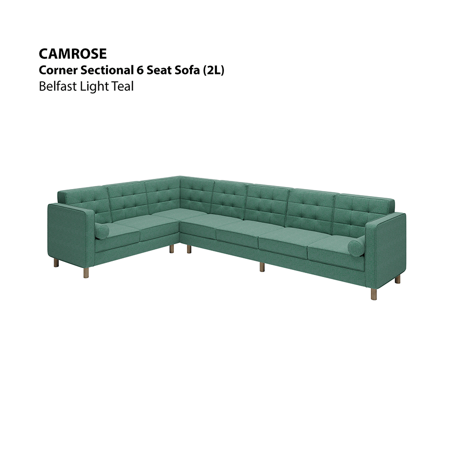 MORE CAMROSE OPTIONS Camrose Corner Sectional 6 Seat (2L) Sofa Camrose Corner Sectional 6 Seat (2L) Sofa Fabric Belfast Light Teal Mandaue Foam