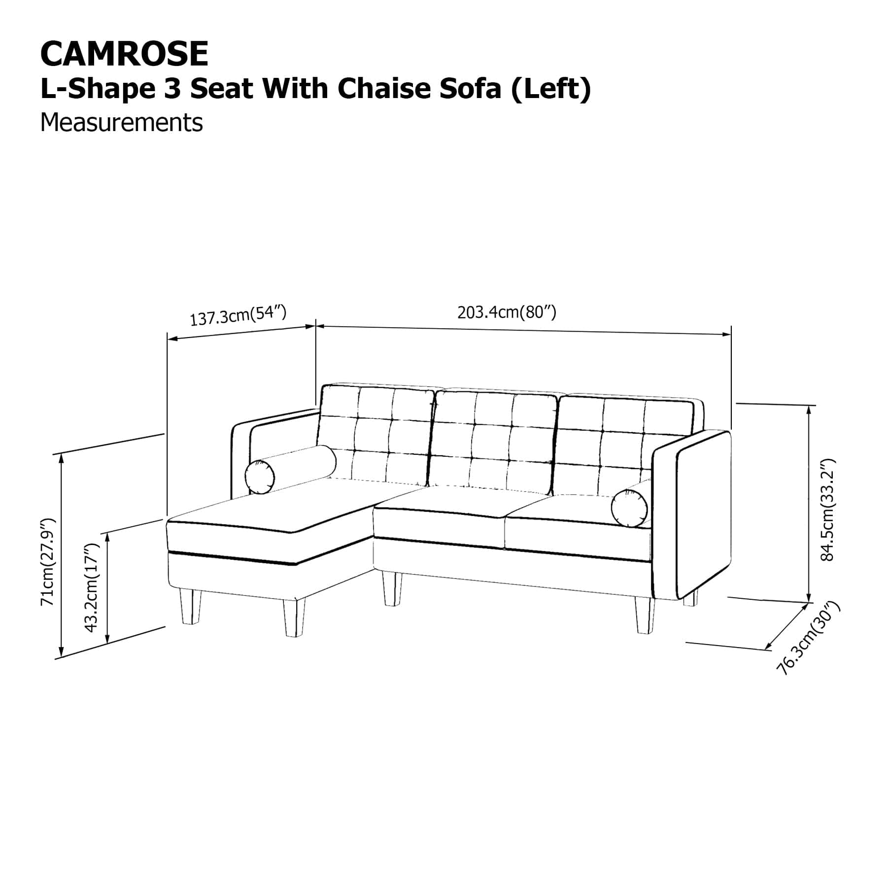 Camrose L-shape 3 Seat with Chaise (Left Facing) Sofa