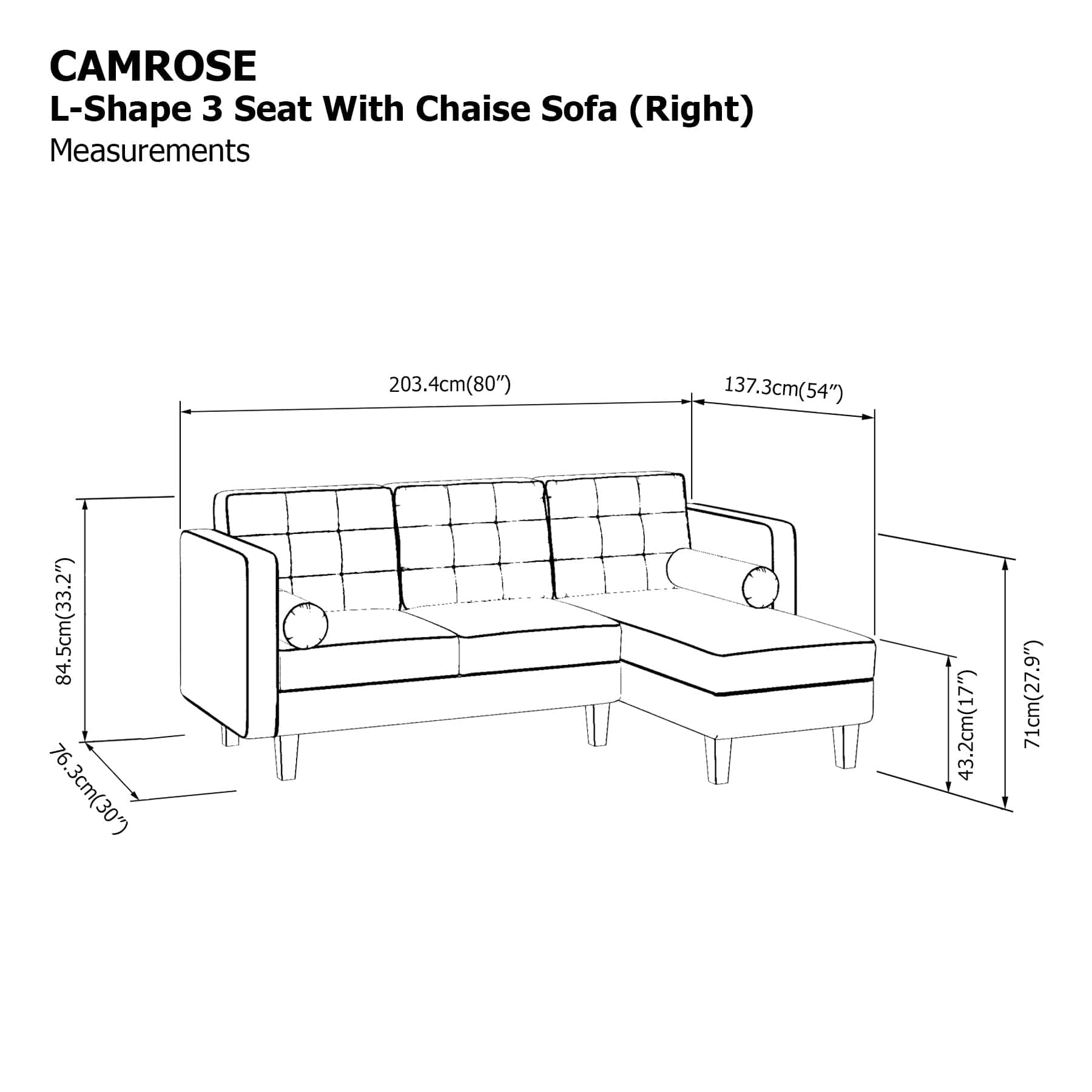Camrose L-shape 3 Seat with Chaise (Right Facing) Sofa