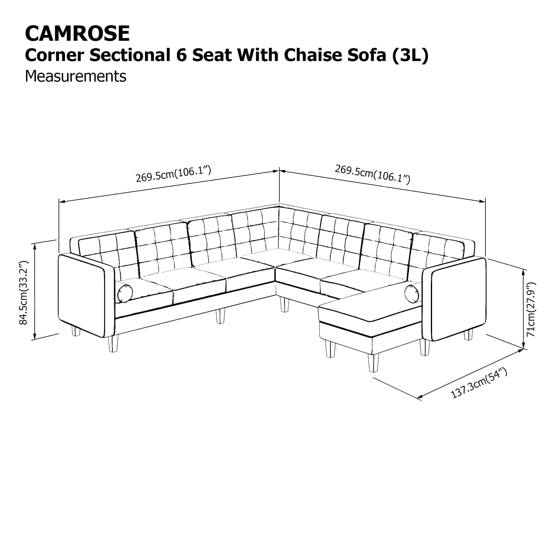 Camrose Sectional 6 Seat Corner with Chaise (3L) Sofa