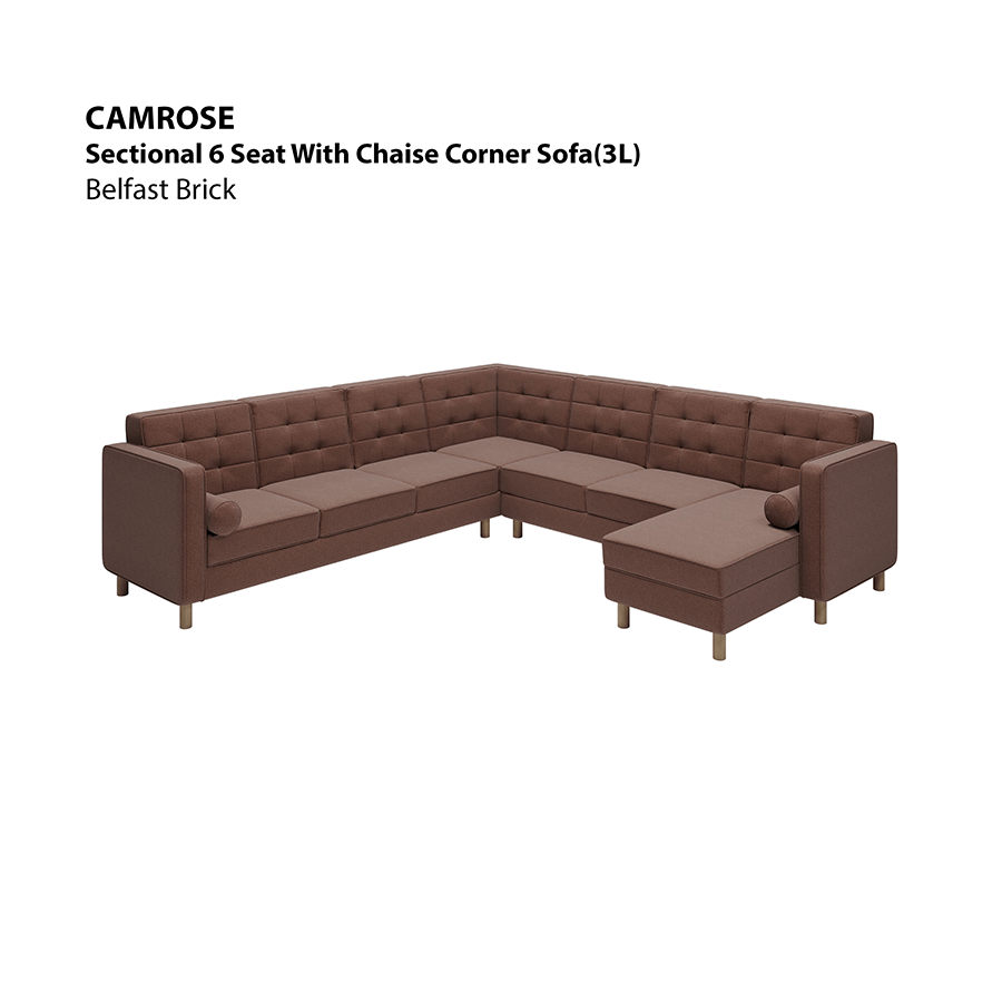 MORE CAMROSE OPTIONS Camrose Sectional 6 Seat Corner with Chaise (3L) Sofa Camrose Sectional 6 Seat Corner with Chaise (3L) Sofa Fabric Belfast Brick Mandaue Foam