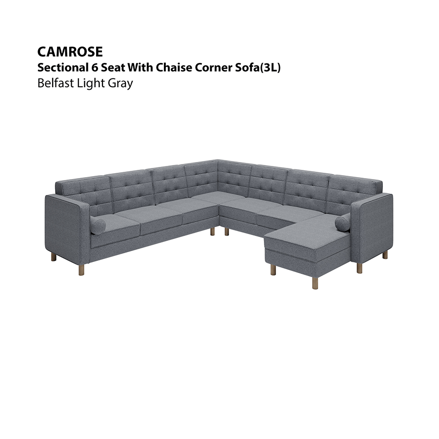 MORE CAMROSE OPTIONS Camrose Sectional 6 Seat Corner with Chaise (3L) Sofa Camrose Sectional 6 Seat Corner with Chaise (3L) Sofa Fabric Belfast Light Gray Mandaue Foam