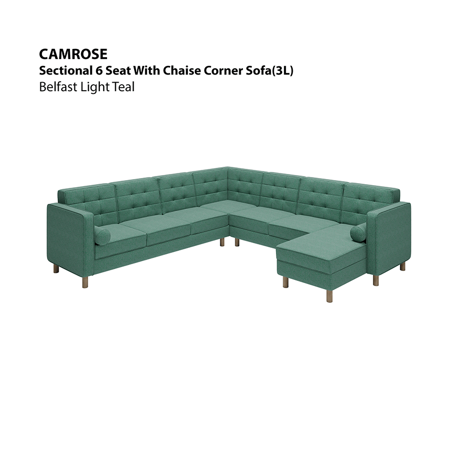 MORE CAMROSE OPTIONS Camrose Sectional 6 Seat Corner with Chaise (3L) Sofa Camrose Sectional 6 Seat Corner with Chaise (3L) Sofa Fabric Belfast Light Teal Mandaue Foam