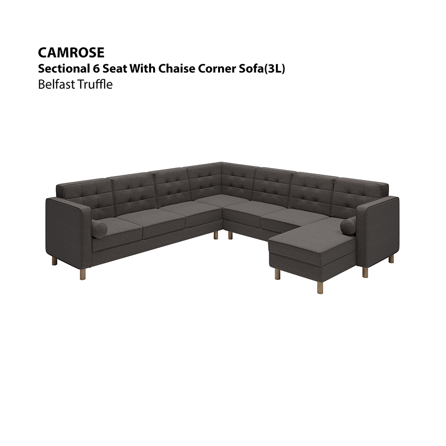 MORE CAMROSE OPTIONS Camrose Sectional 6 Seat Corner with Chaise (3L) Sofa Camrose Sectional 6 Seat Corner with Chaise (3L) Sofa Fabric Belfast Truffle Mandaue Foam