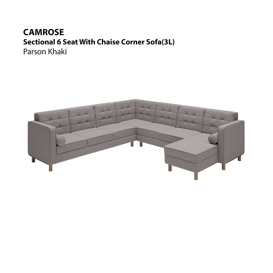 MORE CAMROSE OPTIONS Camrose Sectional 6 Seat Corner with Chaise (3L) Sofa Camrose Sectional 6 Seat Corner with Chaise (3L) Sofa Fabric Parson Khaki Mandaue Foam