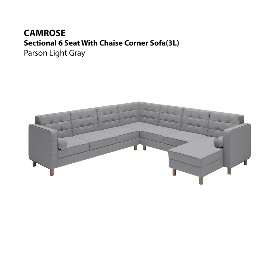 MORE CAMROSE OPTIONS Camrose Sectional 6 Seat Corner with Chaise (3L) Sofa Camrose Sectional 6 Seat Corner with Chaise (3L) Sofa Fabric Parson Light Gray Mandaue Foam