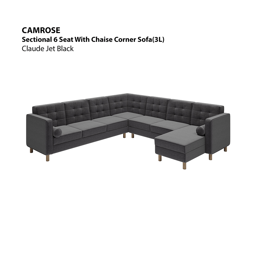 MORE CAMROSE OPTIONS Camrose Sectional 6 Seat Corner with Chaise (3L) Sofa Camrose Sectional 6 Seat Corner with Chaise (3L) Sofa Lux Claude Jet Black Mandaue Foam