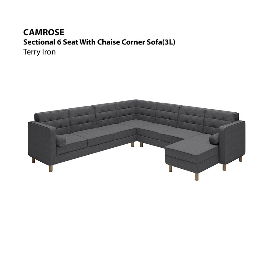 MORE CAMROSE OPTIONS Camrose Sectional 6 Seat Corner with Chaise (3L) Sofa Camrose Sectional 6 Seat Corner with Chaise (3L) Sofa Lux Terry Iron Mandaue Foam