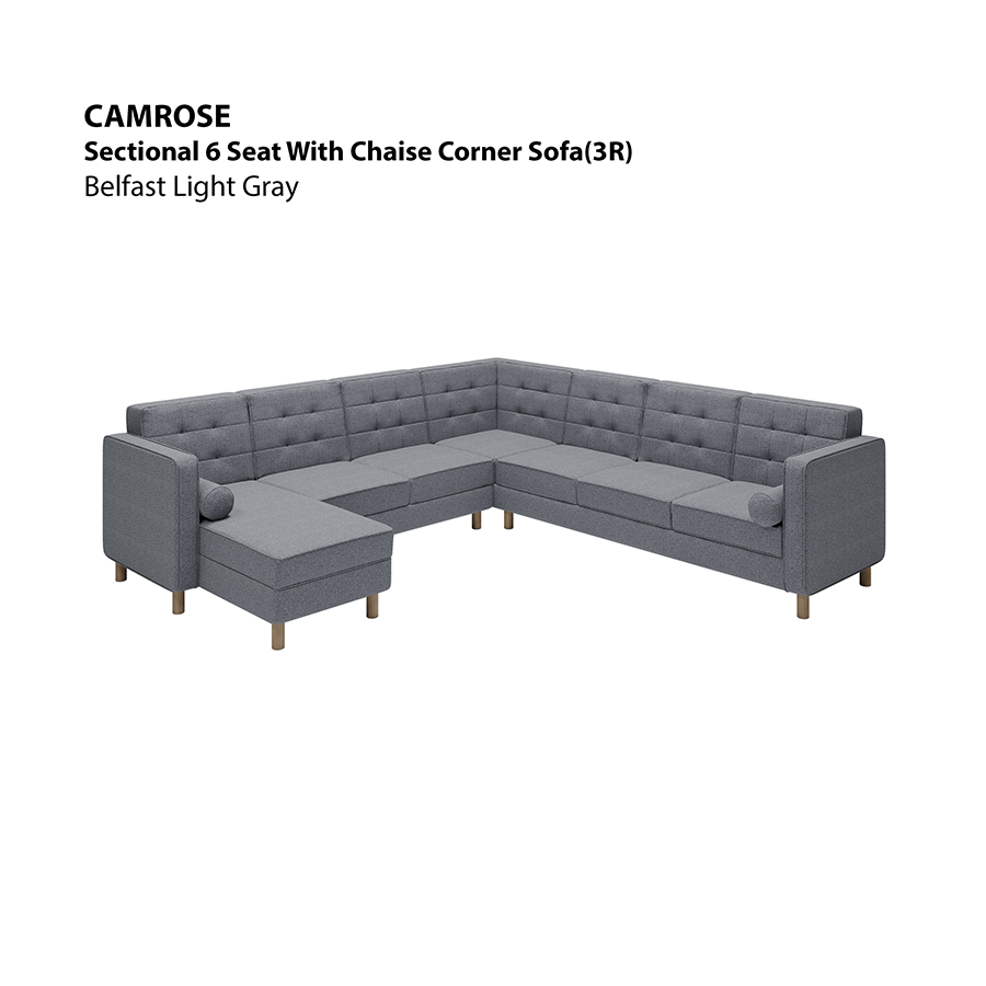 MORE CAMROSE OPTIONS Camrose Sectional 6 Seat Corner with Chaise (3R) Sofa Camrose Sectional 6 Seat Corner with Chaise (3R) Sofa Fabric Belfast Light Gray Mandaue Foam
