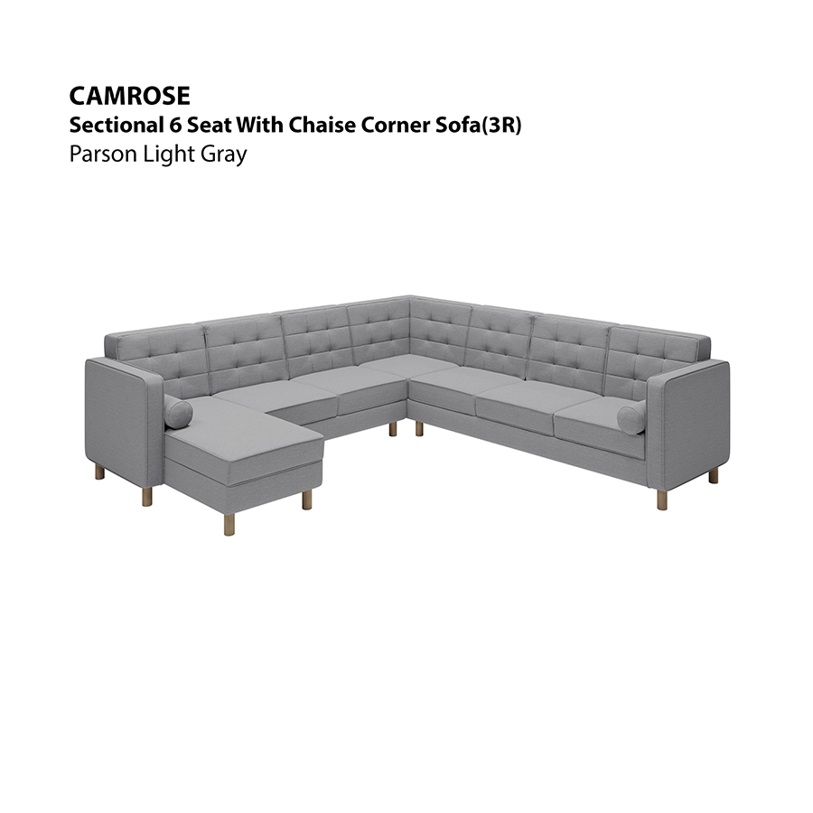 MORE CAMROSE OPTIONS Camrose Sectional 6 Seat Corner with Chaise (3R) Sofa Camrose Sectional 6 Seat Corner with Chaise (3R) Sofa Fabric Parson Light Gray Mandaue Foam