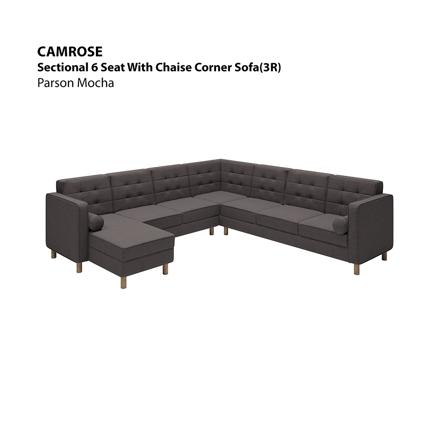 MORE CAMROSE OPTIONS Camrose Sectional 6 Seat Corner with Chaise (3R) Sofa Camrose Sectional 6 Seat Corner with Chaise (3R) Sofa Fabric Parson Mocha Mandaue Foam