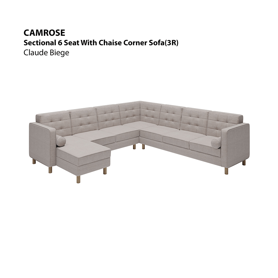 MORE CAMROSE OPTIONS Camrose Sectional 6 Seat Corner with Chaise (3R) Sofa Camrose Sectional 6 Seat Corner with Chaise (3R) Sofa Lux Claude Beige Mandaue Foam