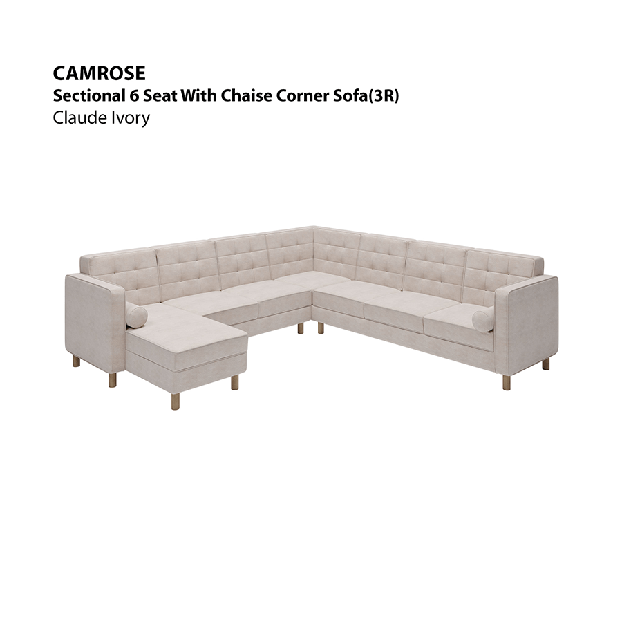 MORE CAMROSE OPTIONS Camrose Sectional 6 Seat Corner with Chaise (3R) Sofa Camrose Sectional 6 Seat Corner with Chaise (3R) Sofa Lux Claude Ivory Mandaue Foam