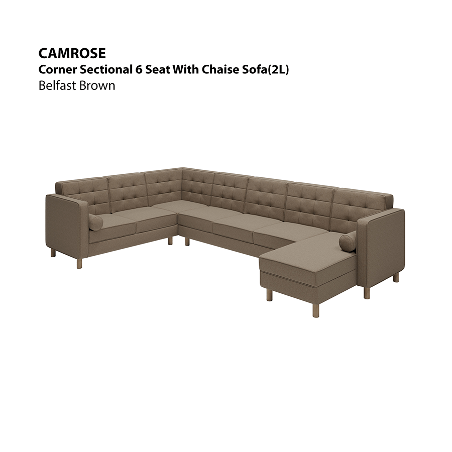 MORE CAMROSE OPTIONS Camrose Sectional 6 Seat with Chaise (2L) Sofa Camrose Sectional 6 Seat with Chaise (2L) Sofa Fabric Belfast Brown Mandaue Foam