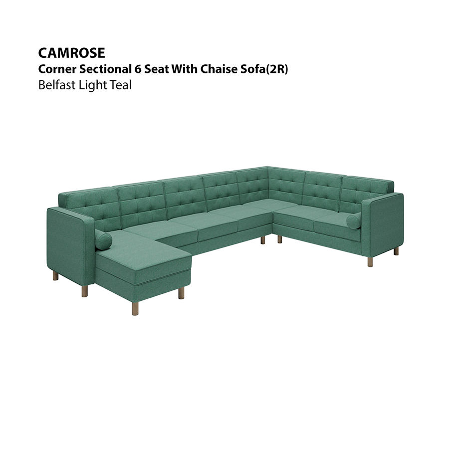 MORE CAMROSE OPTIONS Camrose Sectional 6 Seat with Chaise (2R) Sofa Camrose Sectional 6 Seat with Chaise (2R) Sofa Fabric Belfast Light Teal Mandaue Foam