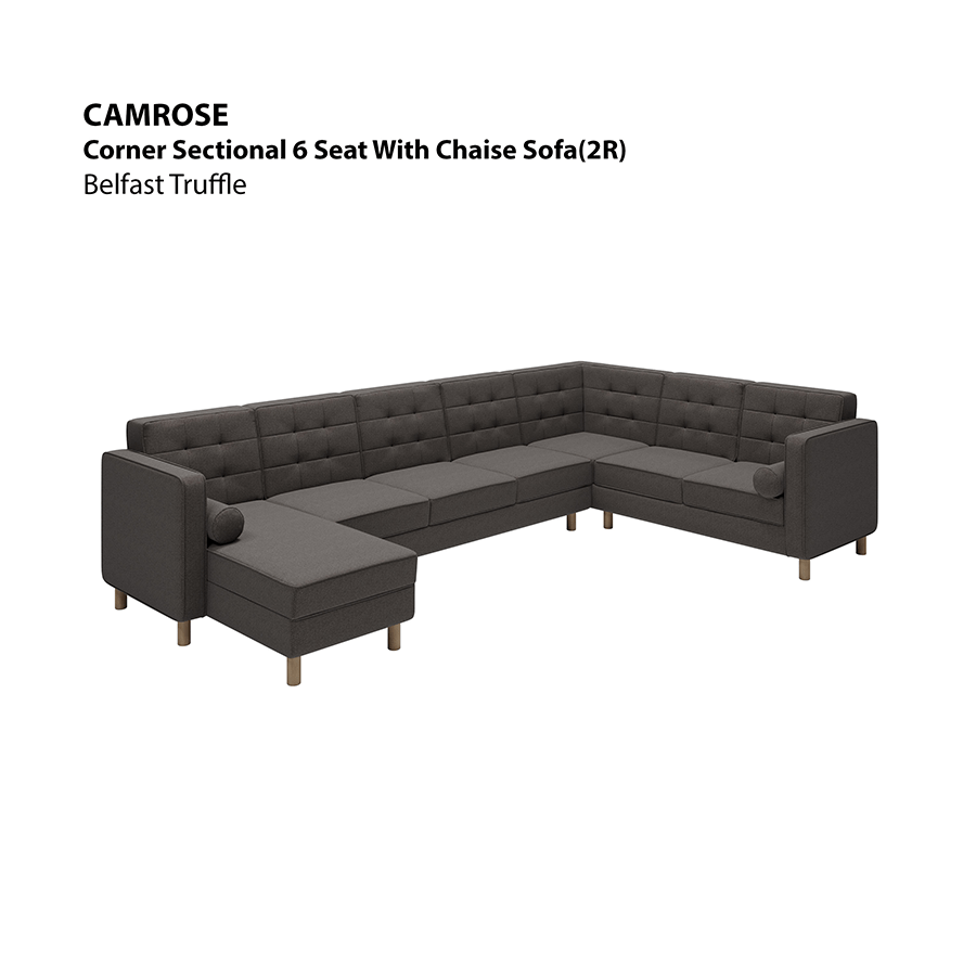 MORE CAMROSE OPTIONS Camrose Sectional 6 Seat with Chaise (2R) Sofa Camrose Sectional 6 Seat with Chaise (2R) Sofa Fabric Belfast Truffle Mandaue Foam