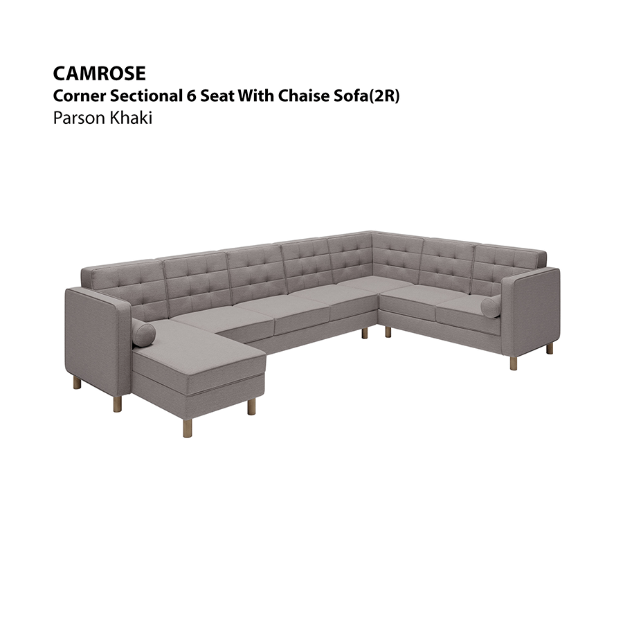 MORE CAMROSE OPTIONS Camrose Sectional 6 Seat with Chaise (2R) Sofa Camrose Sectional 6 Seat with Chaise (2R) Sofa Fabric Parson Khaki Mandaue Foam