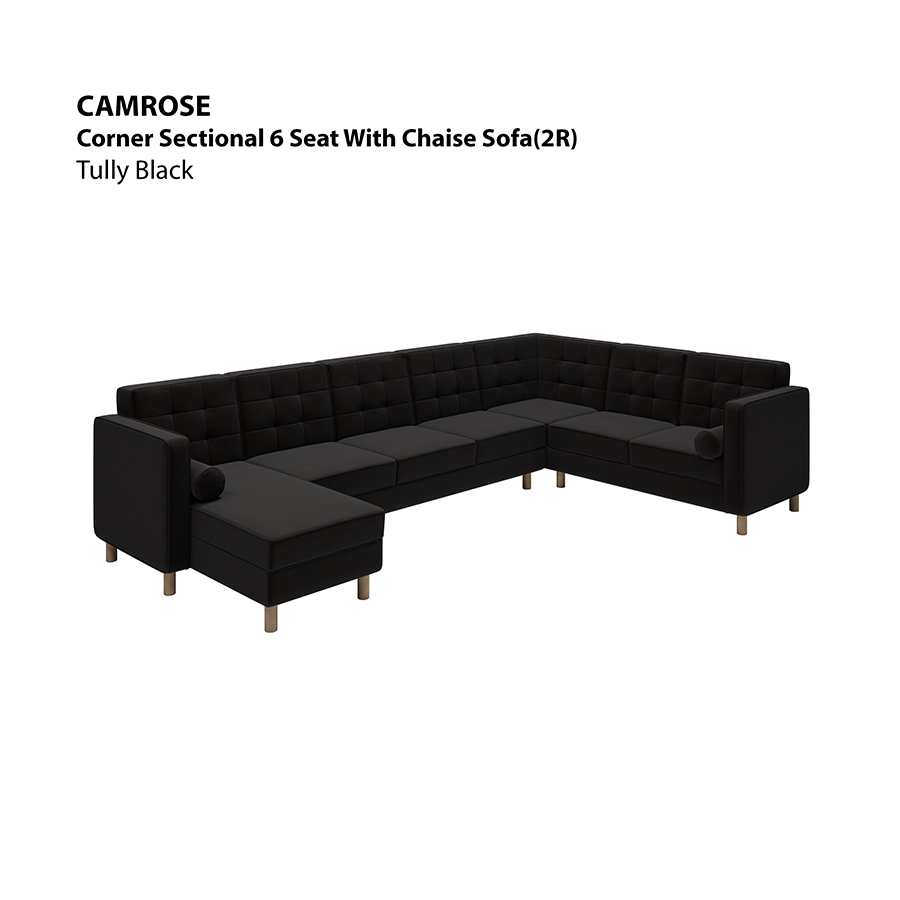 MORE CAMROSE OPTIONS Camrose Sectional 6 Seat with Chaise (2R) Sofa Camrose Sectional 6 Seat with Chaise (2R) Sofa Leatherette Tully Black Mandaue Foam