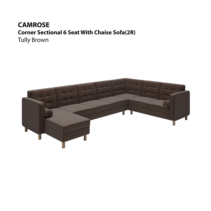 MORE CAMROSE OPTIONS Camrose Sectional 6 Seat with Chaise (2R) Sofa Camrose Sectional 6 Seat with Chaise (2R) Sofa Leatherette Tully Brown Mandaue Foam
