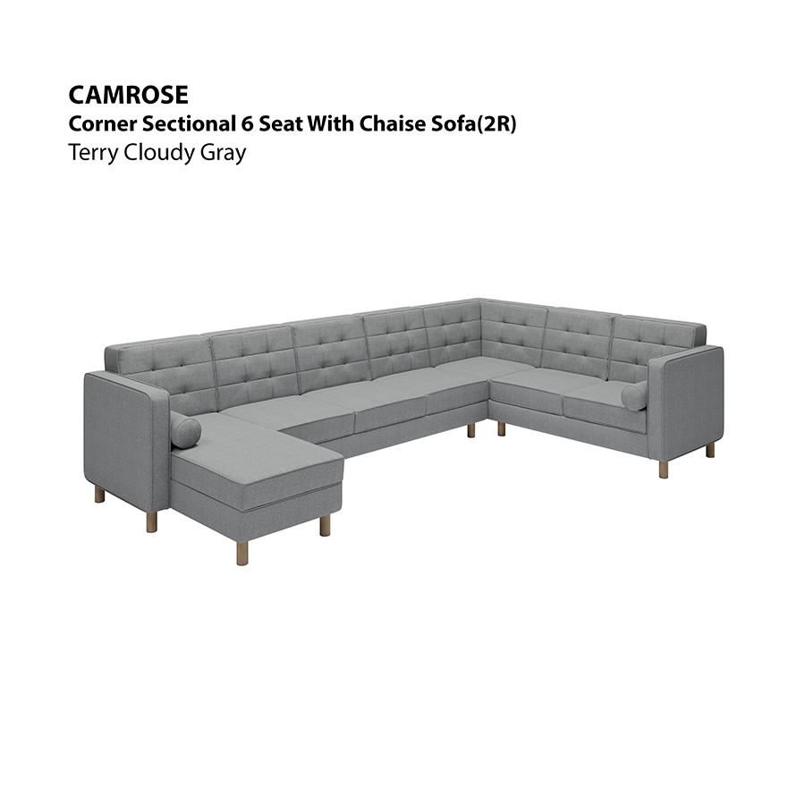 MORE CAMROSE OPTIONS Camrose Sectional 6 Seat with Chaise (2R) Sofa Camrose Sectional 6 Seat with Chaise (2R) Sofa Lux Terry Cloudy Gray Mandaue Foam