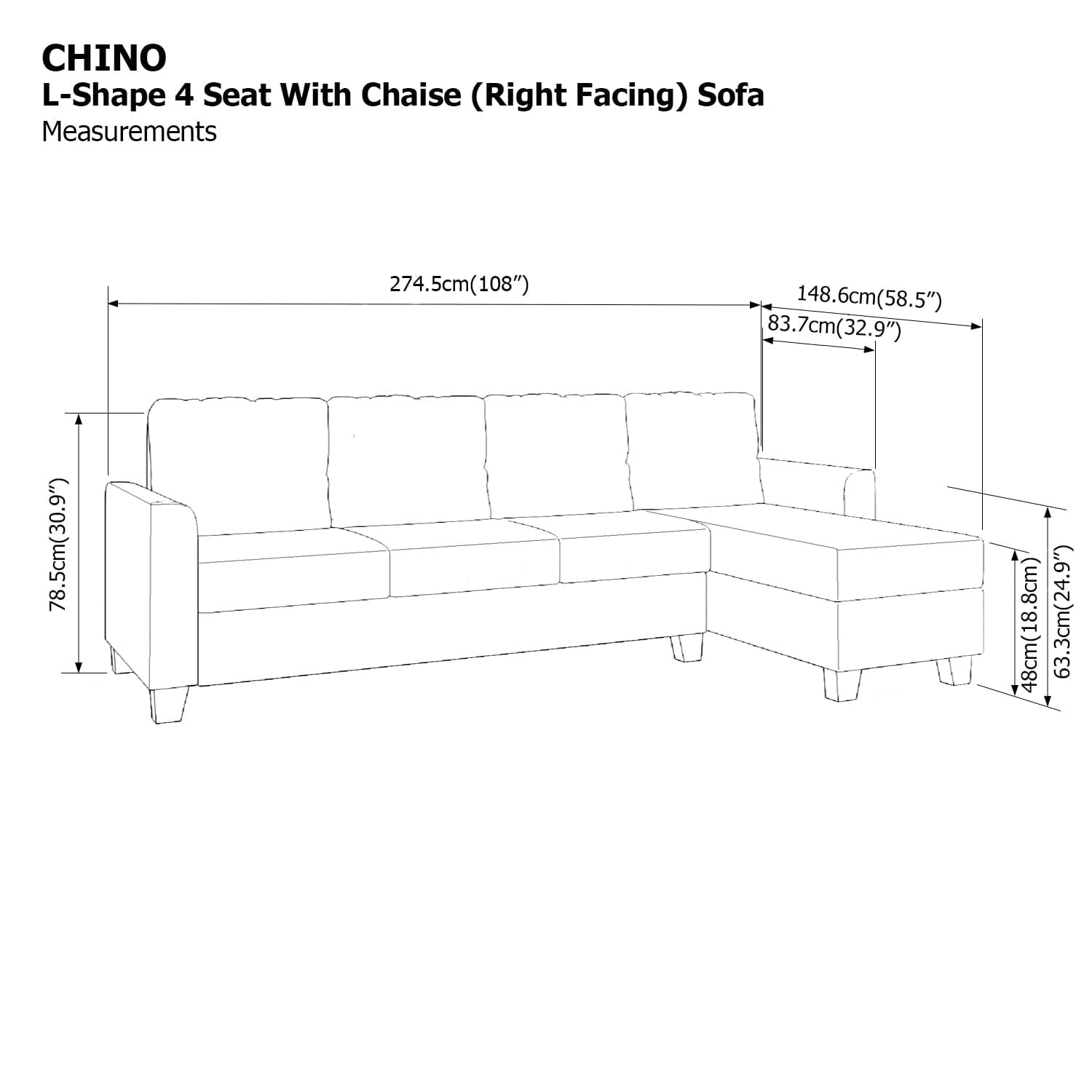 Chino L-shape 4 Seat with Chaise (Right Facing) Sofa