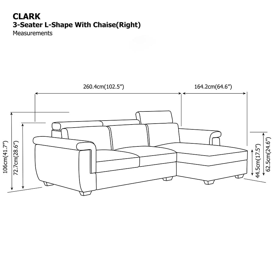 Clark L-shape 3 Seat with Chaise Right Sofa