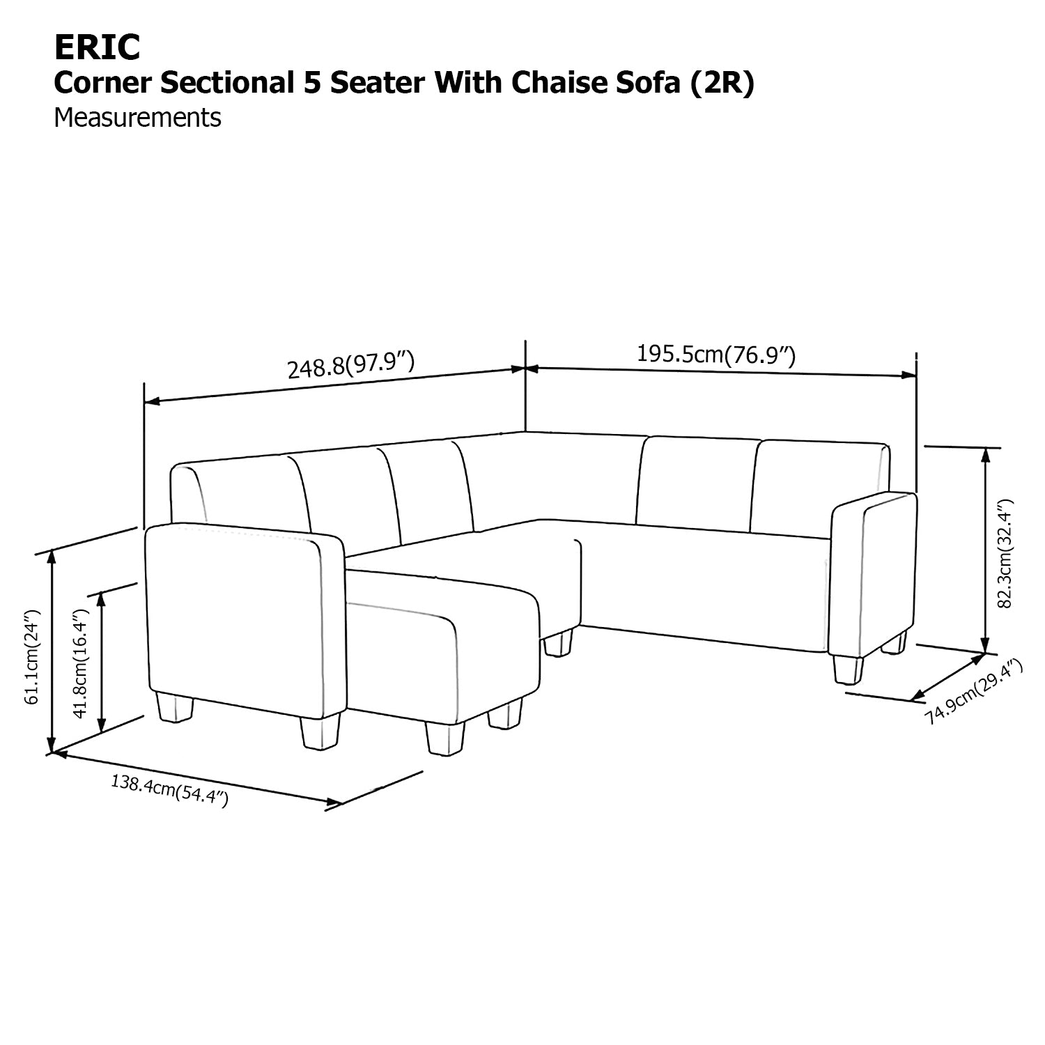 Eric Corner Sectional 5 Seat with Chaise (2R) Sofa