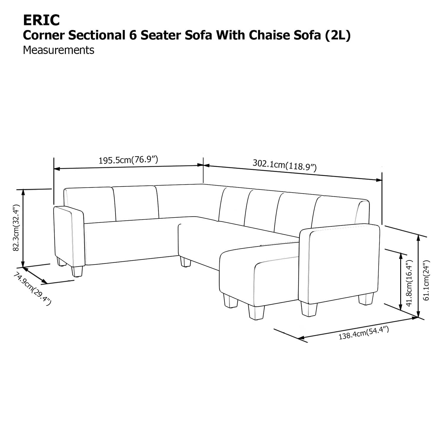 Eric Sectional 6 Seat with Chaise (2L) Sofa