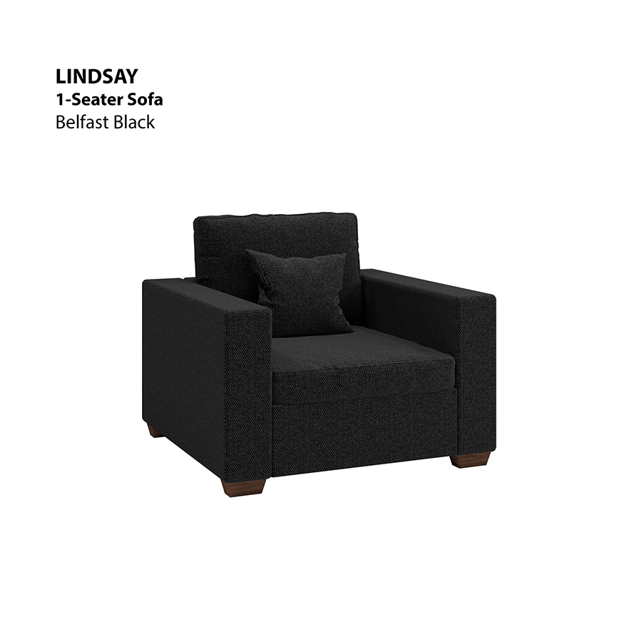 MORE LINDSAY OPTIONS Lindsay 1 Seater Sofa Lindsay 1 Seater Sofa Fabric Belfast Black Mandaue Foam