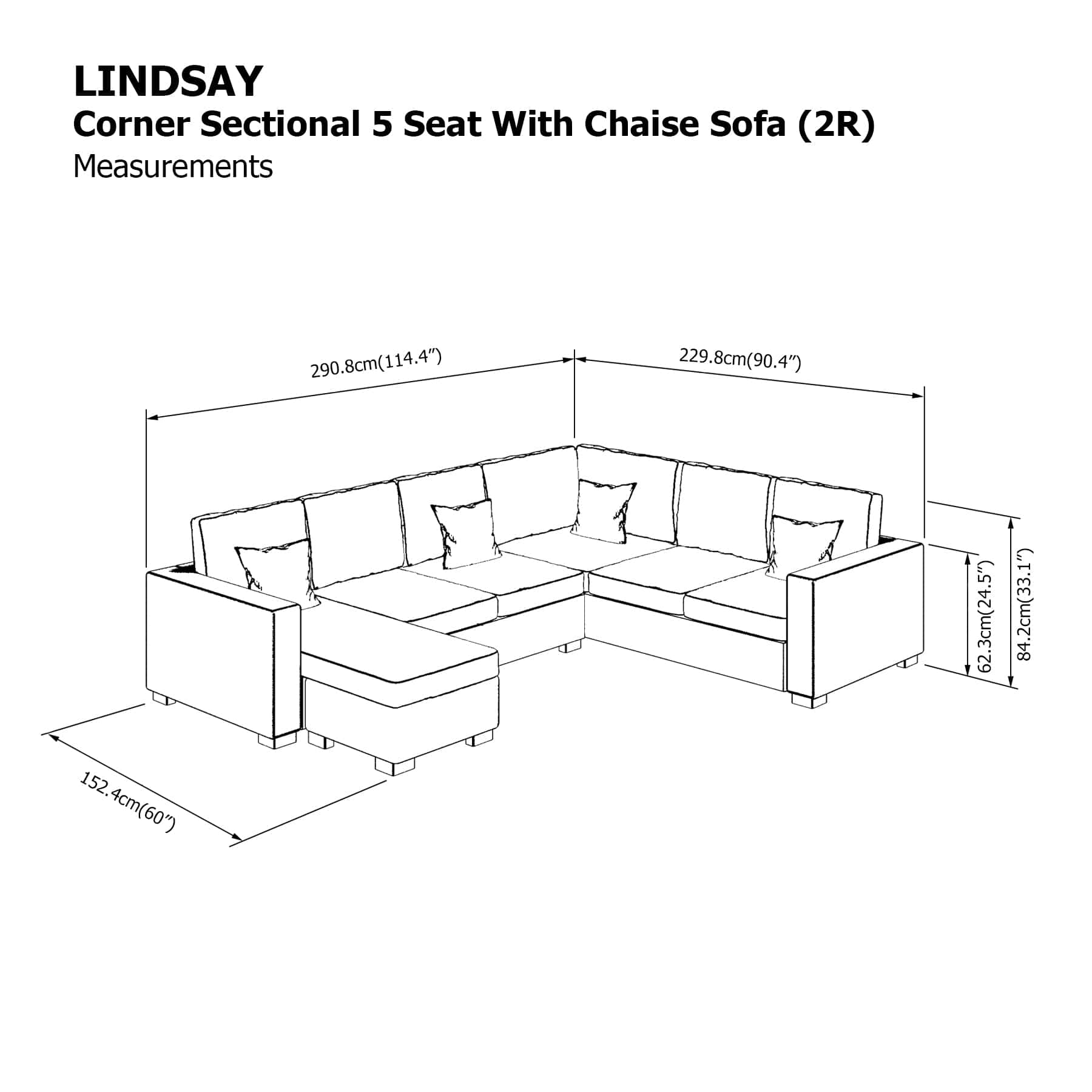 Lindsay Corner Sectional 5 Seat with Chaise (2R) Sofa