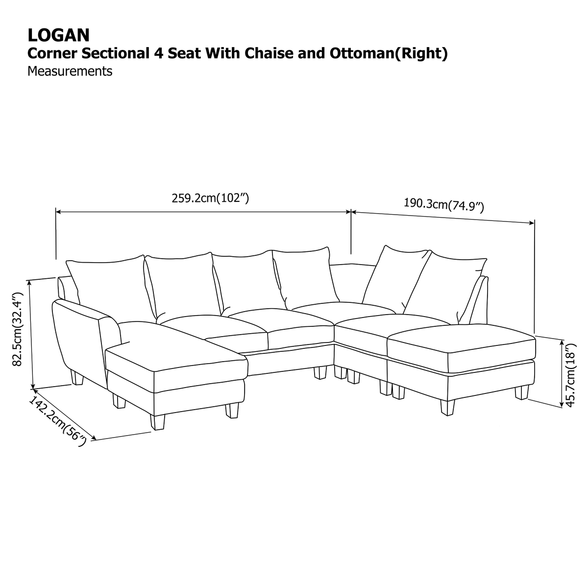 Logan Corner Section 4 Seater with Chaise and Ottoman (Right) Sofa