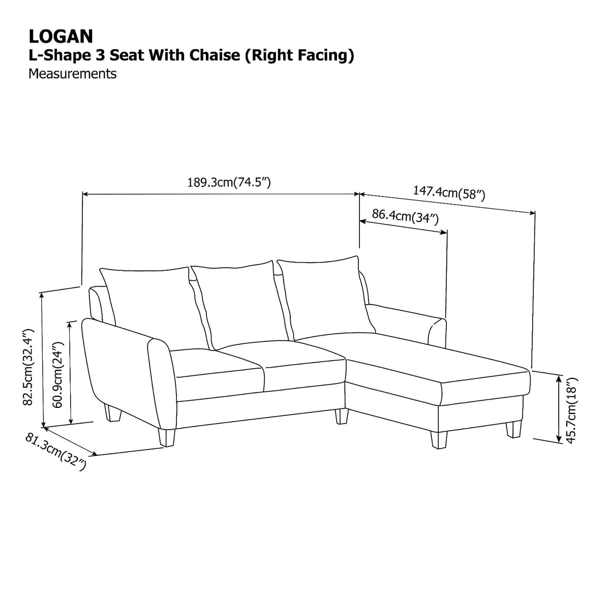 Logan L-shape 3 Seat with Chaise (Right Facing) Sofa