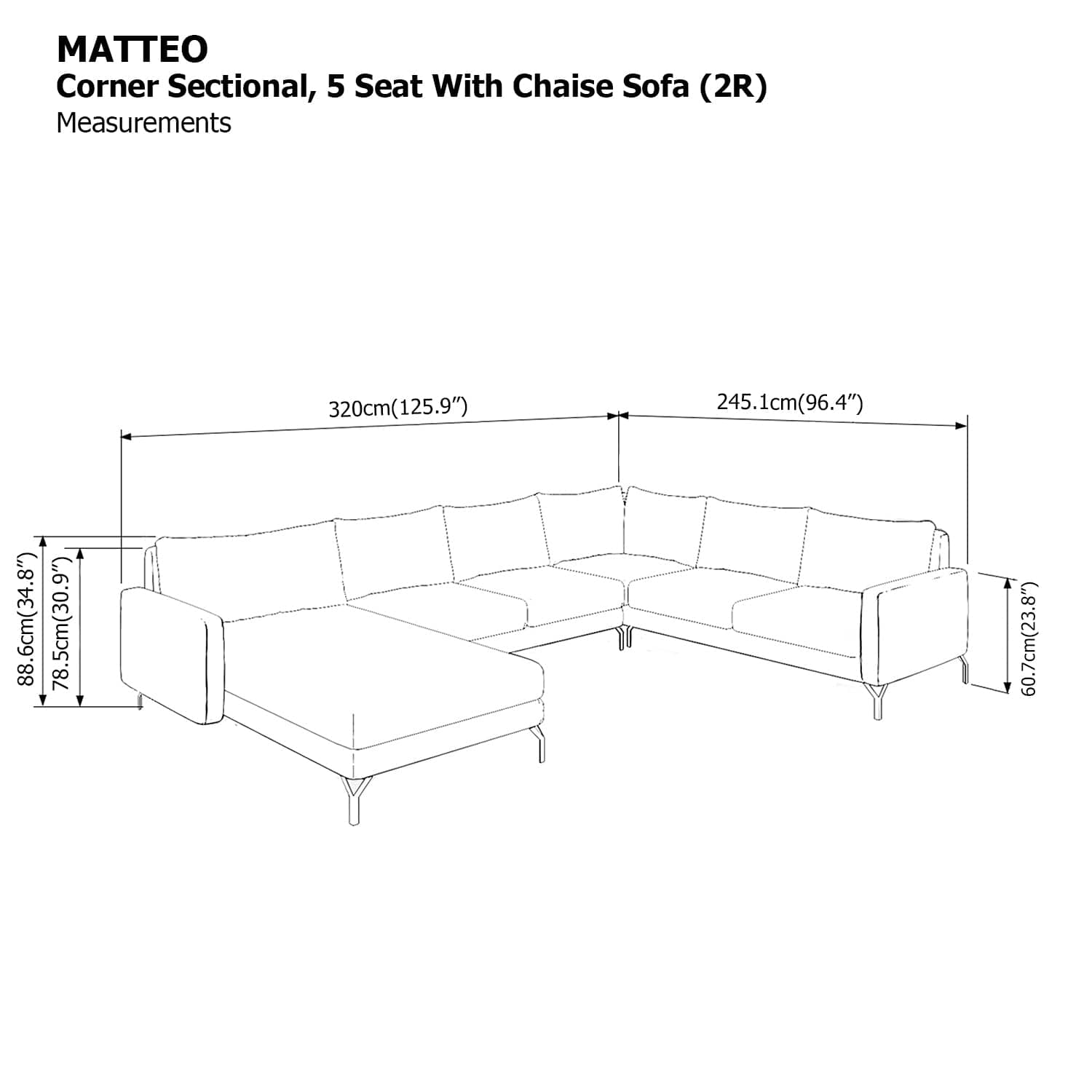 Matteo Corner Sectional 5 Seat with Chaise (2R) Sofa