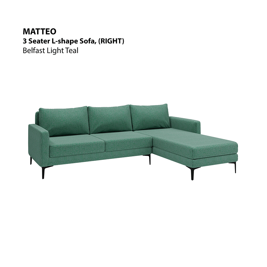 MORE MATTEO OPTIONS Matteo L-shape 3 Seat with Chaise (Right Facing) Sofa Matteo L-shape 3 Seat with Chaise (Right Facing) Sofa Fabric Belfast Light Teal Mandaue Foam