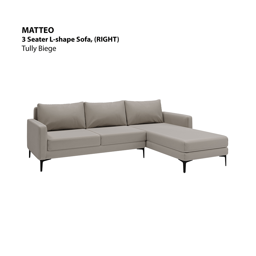 MORE MATTEO OPTIONS Matteo L-shape 3 Seat with Chaise (Right Facing) Sofa Matteo L-shape 3 Seat with Chaise (Right Facing) Sofa Leatherette Tully Beige Mandaue Foam