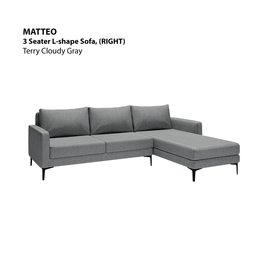 MORE MATTEO OPTIONS Matteo L-shape 3 Seat with Chaise (Right Facing) Sofa Matteo L-shape 3 Seat with Chaise (Right Facing) Sofa Lux Terry Cloudy Gray Mandaue Foam