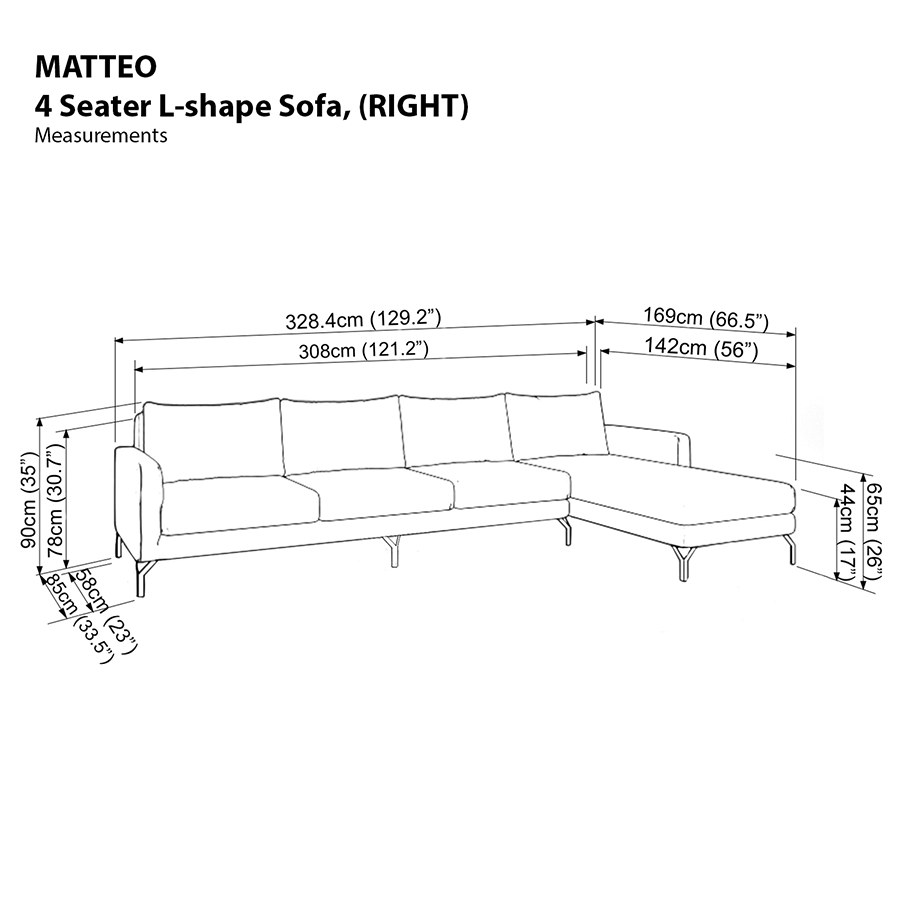 Matteo L-shape 4 Seat with Chaise (Right Facing) Sofa