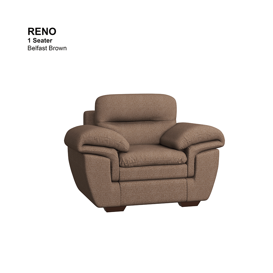 MORE RENO OPTIONS Reno 1 Seater Sofa Reno 1 Seater Sofa Fabric Belfast Brown Mandaue Foam