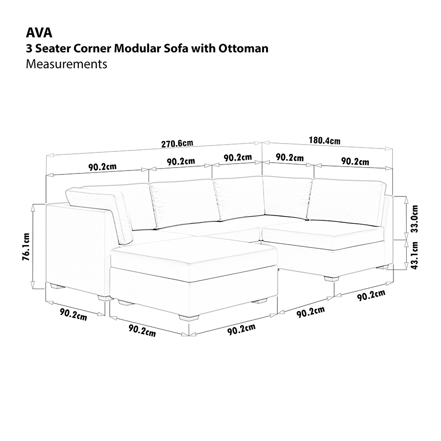 Ava 3 Seater Corner Modular Sofa with Ottoman