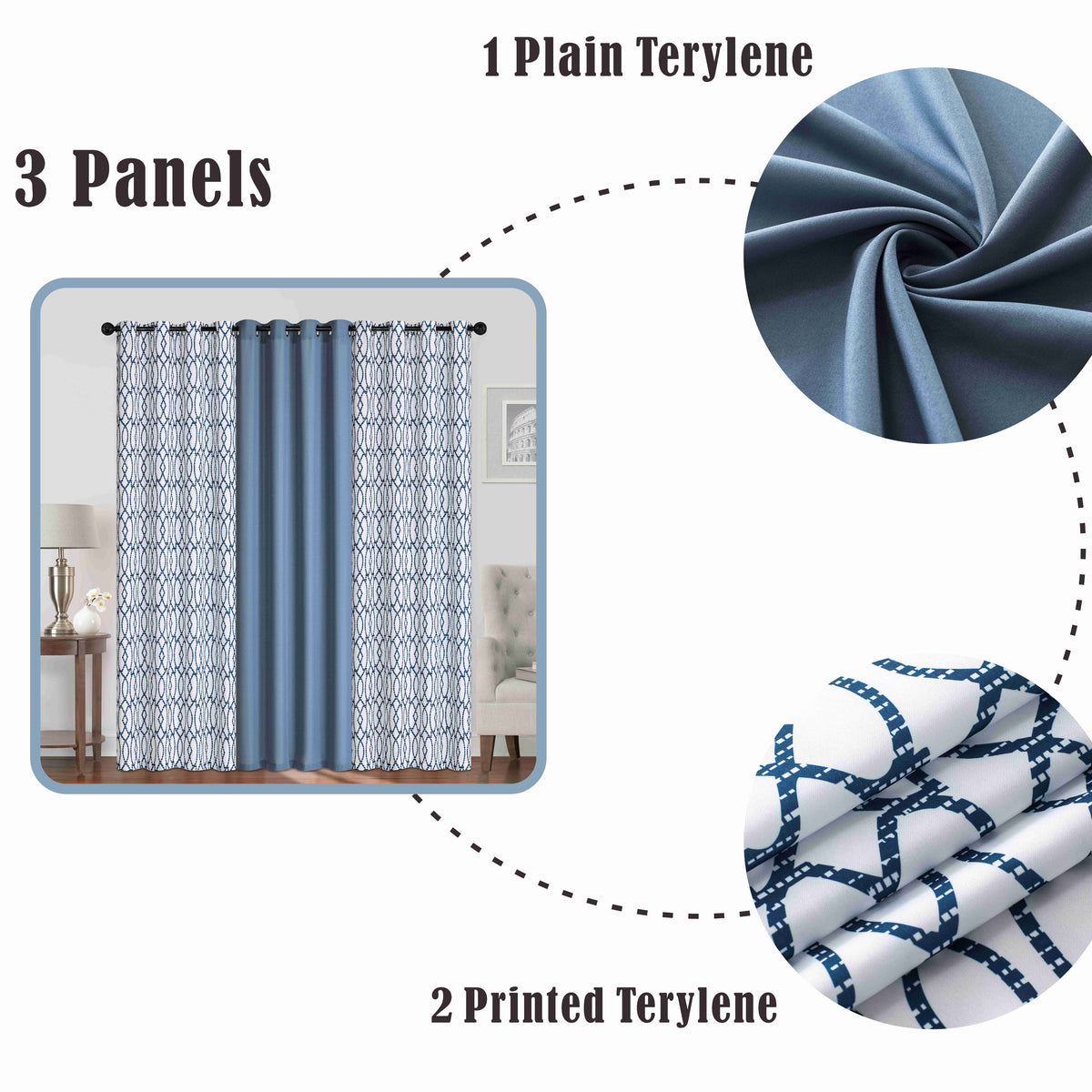 Bernice Plain & Print Set of 3 Curtains