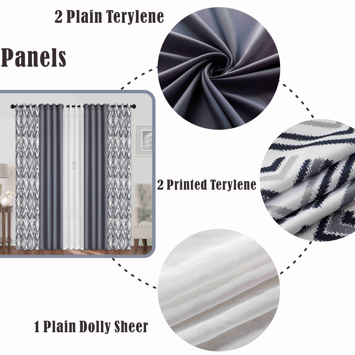 Bertram Plain & Print Set of 5 Curtains